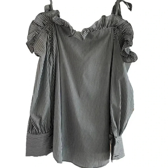 Secular.lab Black White Stripe Cold Shoulder Ruffle Top - Picture 4 of 4